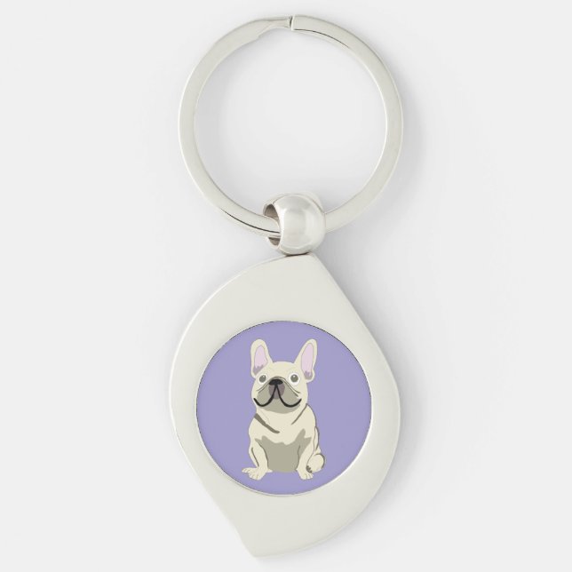 Crème fransk bulldogg,  swirl silverfärgad nyckelring (Framsidan)