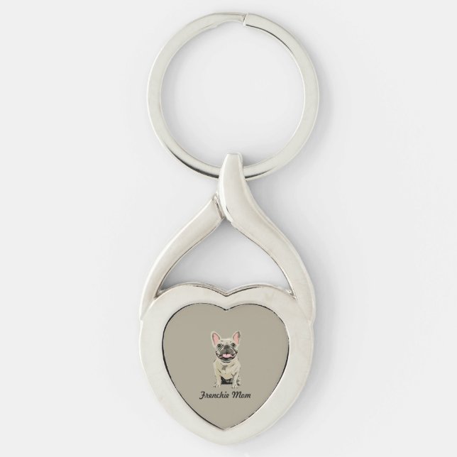 Crème fransk bulldogg twisted heart silverfärgad nyckelring (Framsidan)