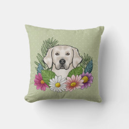 Crème Golden Retriever Färgglada Blommor Grön Kudde