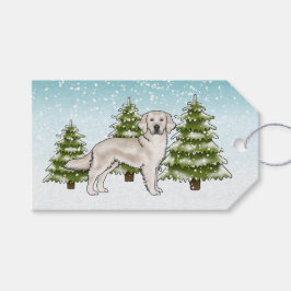 Creme Golden Retriever Hund Blå Snöig Jul Presentetikett