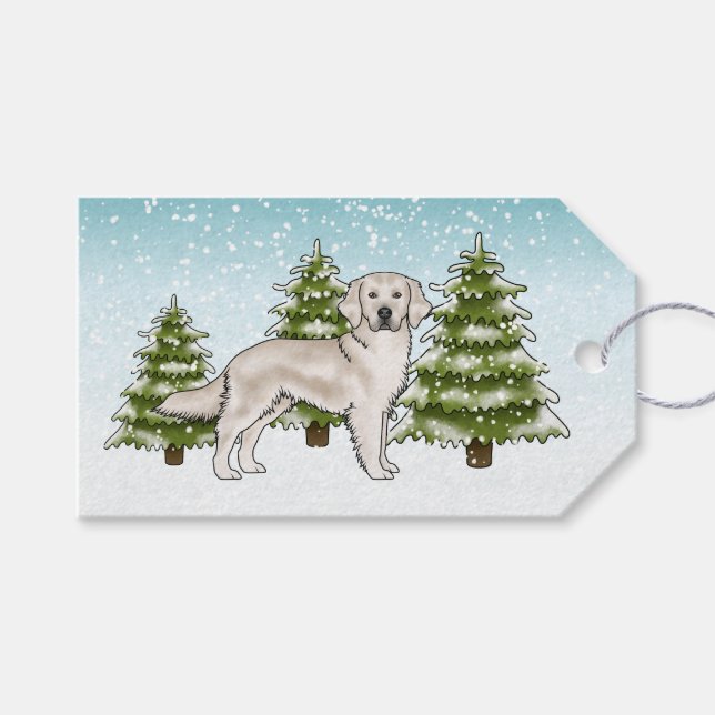 Creme Golden Retriever Hund Blå Snöig Jul Presentetikett (Framsidan (Horisontell))