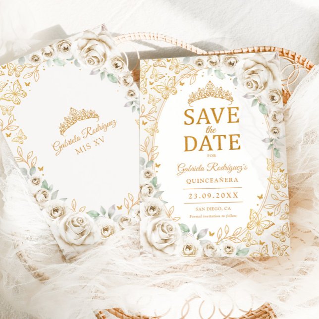 Crème Guld Blommig Quinceanera Spara Datumet (Skapare uppladdad)