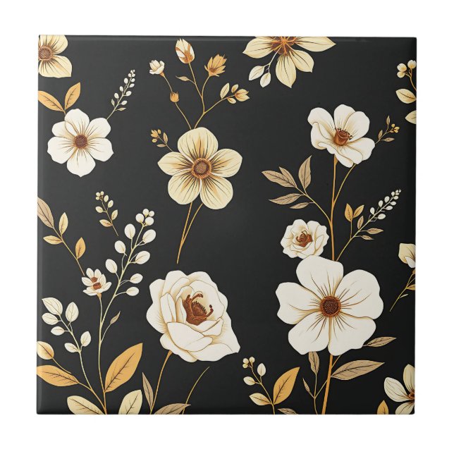 Crème Guld Blommönster Svart Kakelplatta (Framsidan)