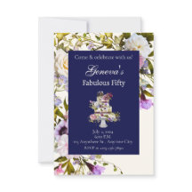 Creme & Marinblommig tårta födelsedagsinbjudan