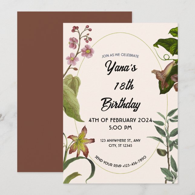 Crème och grön blomsterglädje 18-årsdag  inbjudningar (Fram/baksida)