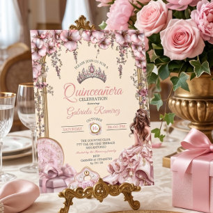 Crème och rosablommig Quinceañera-tiara Inbjudningar