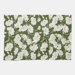 Crème & olivj floral kökshandduk