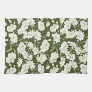 Crème & olivj floral kökshandduk