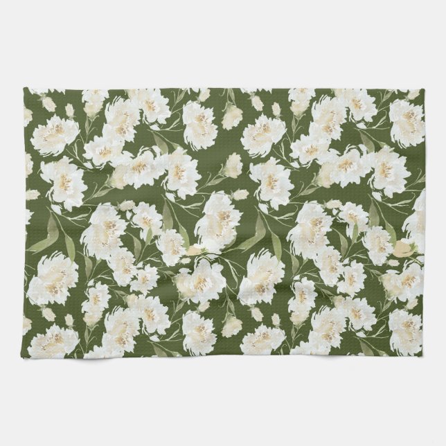 Crème & olivj floral kökshandduk (Horisontell)