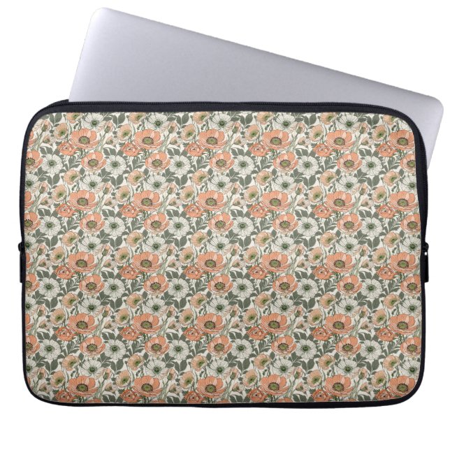 Crème Persika Vallmo Blommig Laptop Fodral (Framsidan)