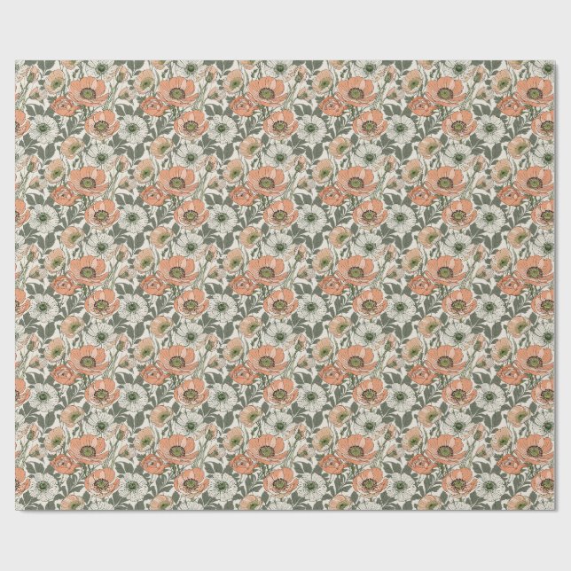 Crème Persika Vallmo Blommig Presentpapper (Platt)