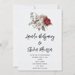 Crème & röd ros boho blomsterbukett bröllop inbjudningar