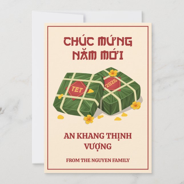 Crème & Röd Vietnamesisk Tet 2026 Banh Chung Julkort (Framsida)