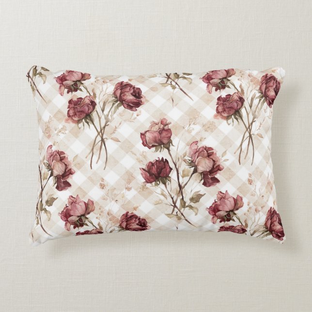 Crème Röda Rosor Blommor Prydnadskudde (Framsidan)