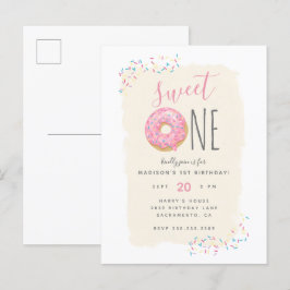 Creme | Rosa Doughnut Sprinkle Sweet 1st Birthday Inbjudan Vykort