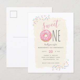 Creme Rosa Doughnut Sprinkle Sweet 1st Birthday Inbjudan Vykort