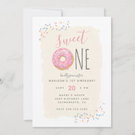 Creme | Rosa Doughnut Sprinkle Sweet 1st Birthday Inbjudningar