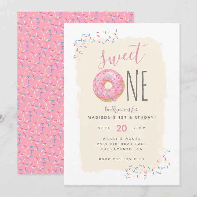 Creme | Rosa Doughnut Sprinkle Sweet 1st Birthday Inbjudningar (Fram/baksida)