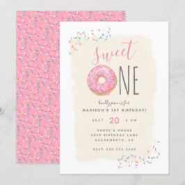 Creme | Rosa Doughnut Sprinkle Sweet 1st Birthday Inbjudningar