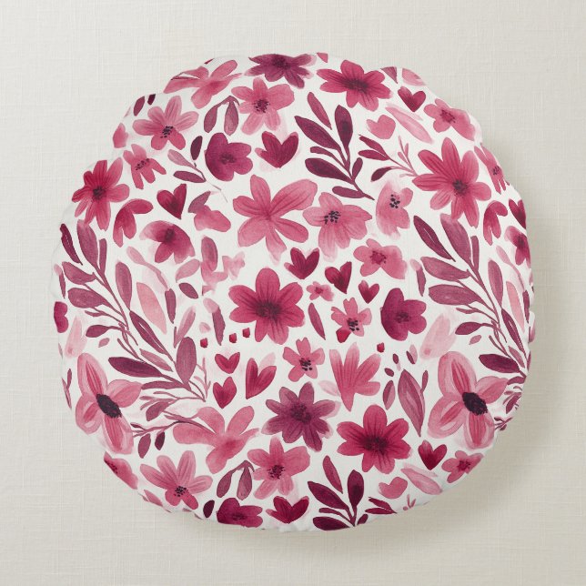 Crème Rosa Röda Blommor Hjärtan   Rund Kudde (Framsidan)