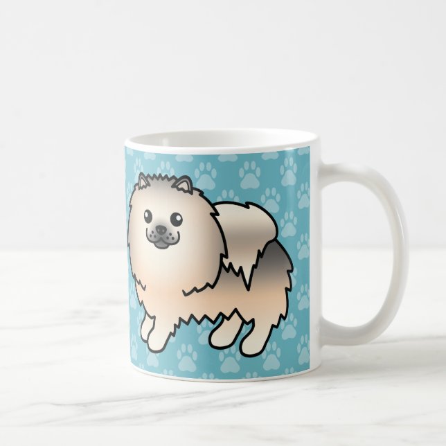 Crème Sable Fluffiga Pomeranian Hundar På Blå Kaffemugg (Höger)