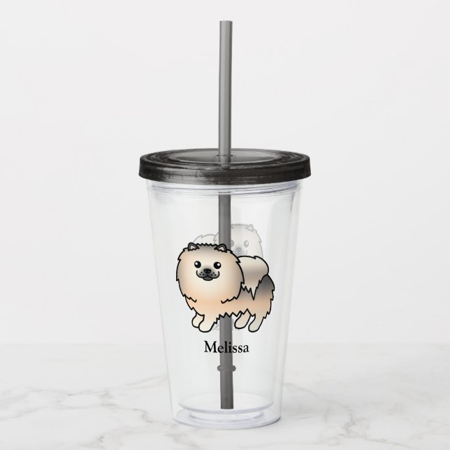 Crème Sable Pomeranian Tecknad Hund & Namn Take Away Mugg (Framsida)
