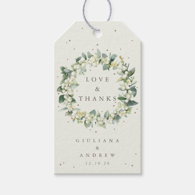 Crème Snöbär+Eukalyptus Bröllop Kärlek & Tacksamhe Presentetikett (Framsidan)