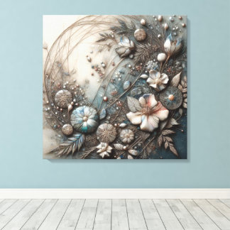 Crème Teal 3D Skulptural Botanisk Blomma Canvastryck