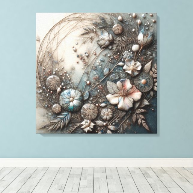 Crème Teal 3D Skulptural Botanisk Blomma Canvastryck (Insitu (trägolv))