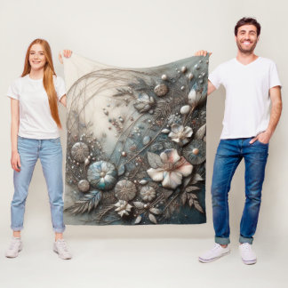 Crème Teal 3D Skulptural Botanisk Blommig Fleece