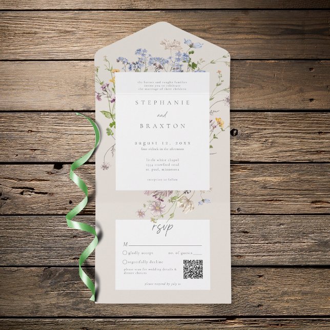Crème Vildblomma Trädgård Elegant Bröllop QR (Cream Wildflower Garden Elegant Wedding QR All In One Invitation)