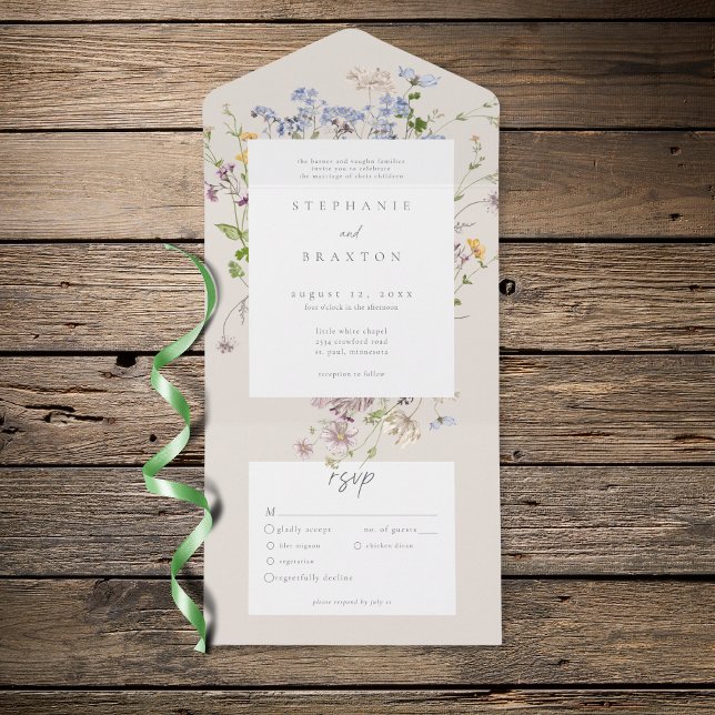 Crème Wildflower Trädgård Elegant Bröllop (Cream Wildflower Garden Elegant Wedding Dinner All In One Invitation)