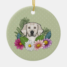Crèmefärgad Golden Retriever Färgglada Blommor Och Julgransprydnad Keramik