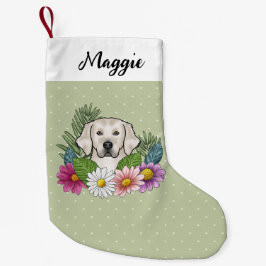 Crèmefärgad Golden Retriever Färgglada Blommor Och Liten Julstrumpa