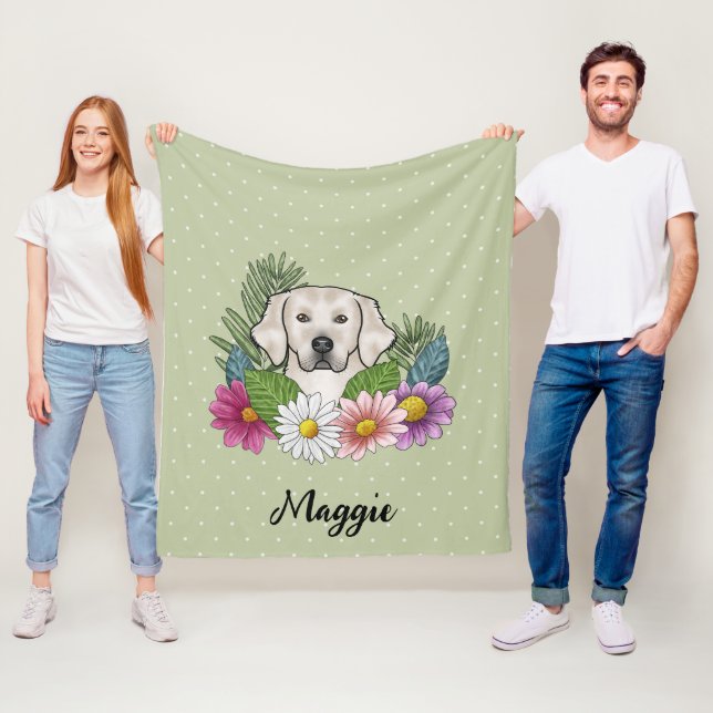 Crèmefärgad Golden Retriever med färgrika blommor  Fleecefilt (På plats)