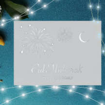Crescent Fireworks Silver Foil Eid Mubarak Card