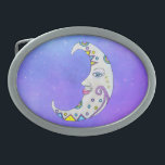 Crescent Måne Abstrakt Markings Blue Ögon Rosa Lip<br><div class="desc">Bälte-låsbeslaget har ett vitt halvmånsfärande måne med blå,  gult och lila abstrakt och ett ansikte med blå ögon och rosa läppar i söt lila himmel        .</div>