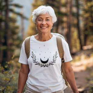 Crescent Måne & Löv Boho Line Art T Shirt