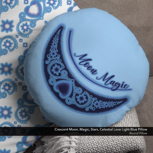 Crescent Måne Magic Stars Celestial Light Blue Rund Kudde (Crescent Moon, Magic, Stars, Celestial Love Light Blue Round Pillow)