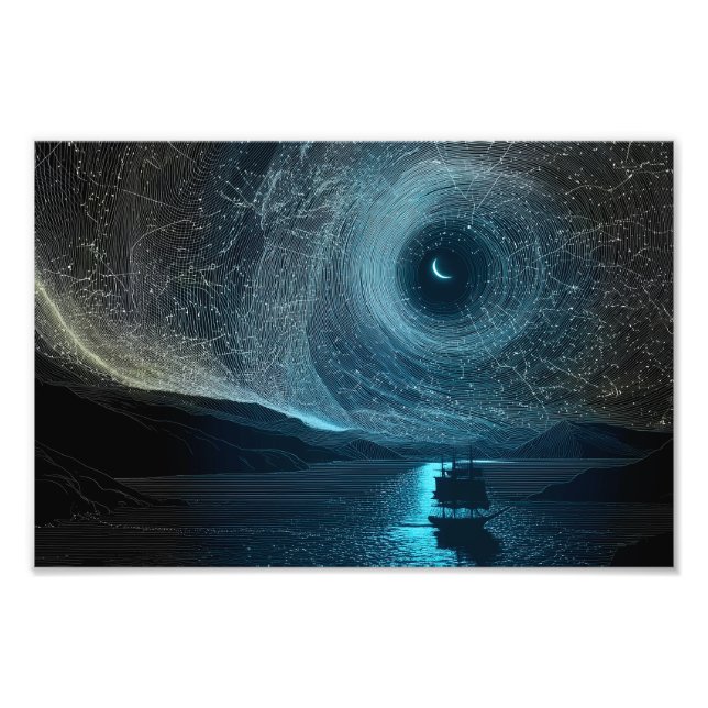 Crescent måne över en segling frakt, klippt kusten fototryck (Framsidan)