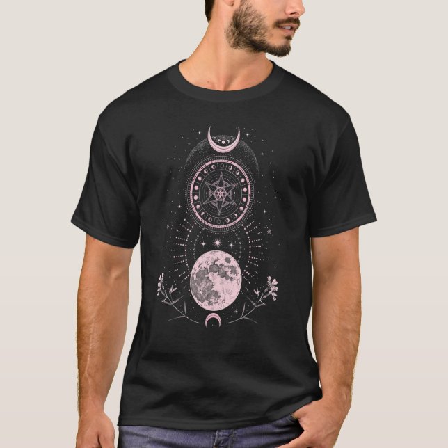 Crescent Måne Phases Rosa Boho T Shirt (Framsida)