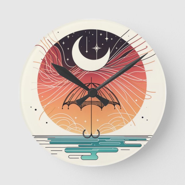 Crescent Måne Rain Boho Line Art Rund Klocka (Framsida)