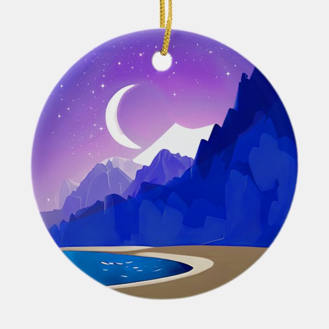 Crescent Måne, Sjö och berg i Violet & Blue Julgransprydnad Keramik (Framsidan)