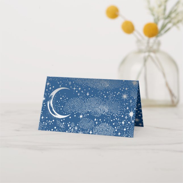 Crescent Måne Starry Night Celestial Bröllop Placeringskort (Baksida)