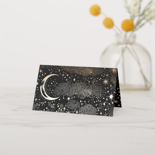 Crescent Måne Starry Night Celestial Bröllop Placeringskort (Baksida)