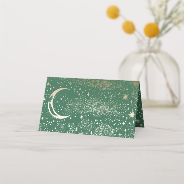 Crescent Måne Starry Night Celestial Bröllop Placeringskort (Baksida)