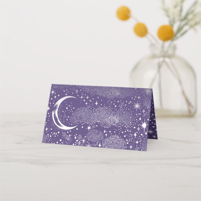 Crescent Måne Starry Night Celestial Bröllop Placeringskort (Baksida)