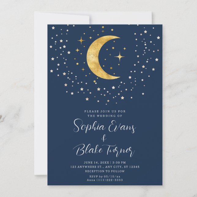 Crescent Måne Starry Night Navy Blue Bröllop Inbjudningar (Framsida)