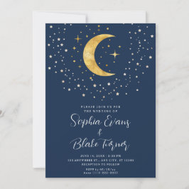 Crescent Måne Starry Night Navy Blue Bröllop Inbjudningar