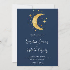 Crescent Måne Starry Night Navy Blue Bröllop Inbjudningar